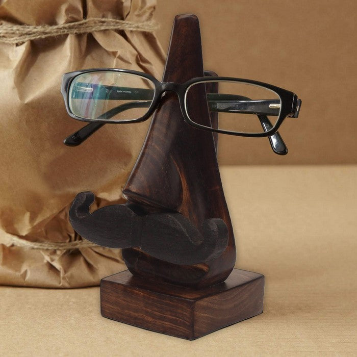 Benzara Hand Carved Wooden Nose Shaped Spectacle Holder With Mustache, Brown
