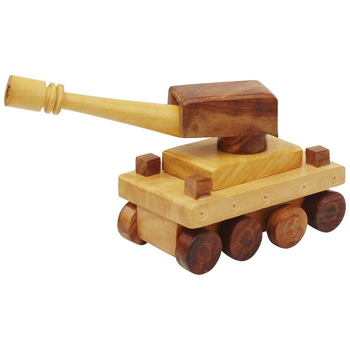 Benzara Handmade Wooden Tank Toy With Movable Wheels and Turret, Brown