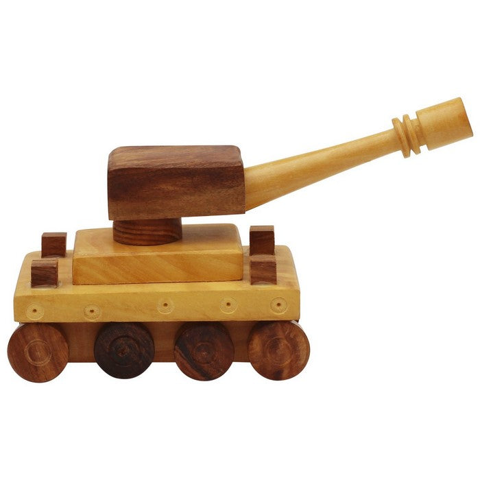 Benzara Handmade Wooden Tank Toy With Movable Wheels and Turret, Brown