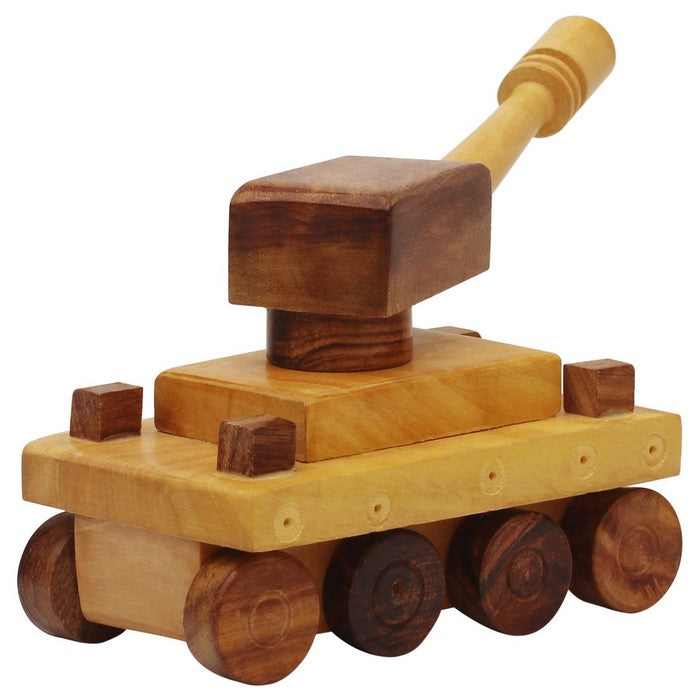 Benzara Handmade Wooden Tank Toy With Movable Wheels and Turret, Brown