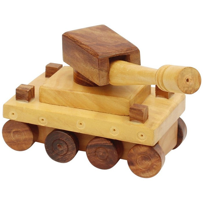 Benzara Handmade Wooden Tank Toy With Movable Wheels and Turret, Brown