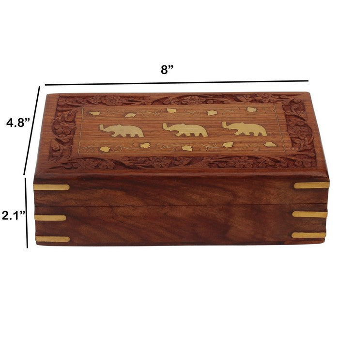 BenzaraDecorative Wooden Jewelry/ Trinket Box With Brass Elephant Inlay , Brown