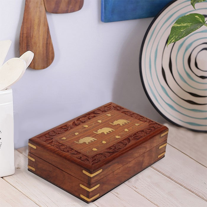 BenzaraDecorative Wooden Jewelry/ Trinket Box With Brass Elephant Inlay , Brown