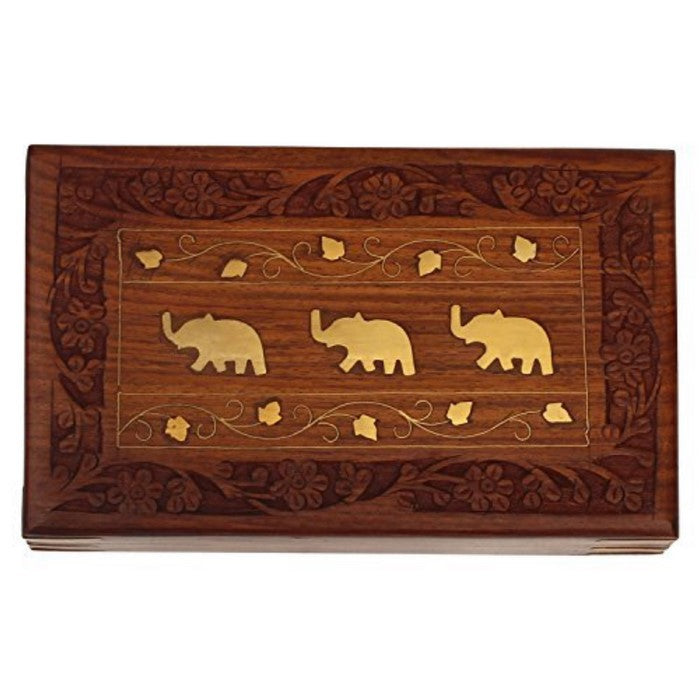 BenzaraDecorative Wooden Jewelry/ Trinket Box With Brass Elephant Inlay , Brown