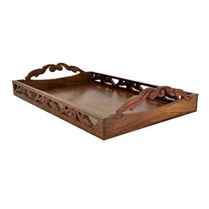 Benzara Handmade Mango wood Ottoman Tray/Serving Tray With Cutwork Handles, Brown