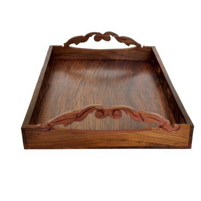 Benzara Handmade Mango wood Ottoman Tray/Serving Tray With Cutwork Handles, Brown