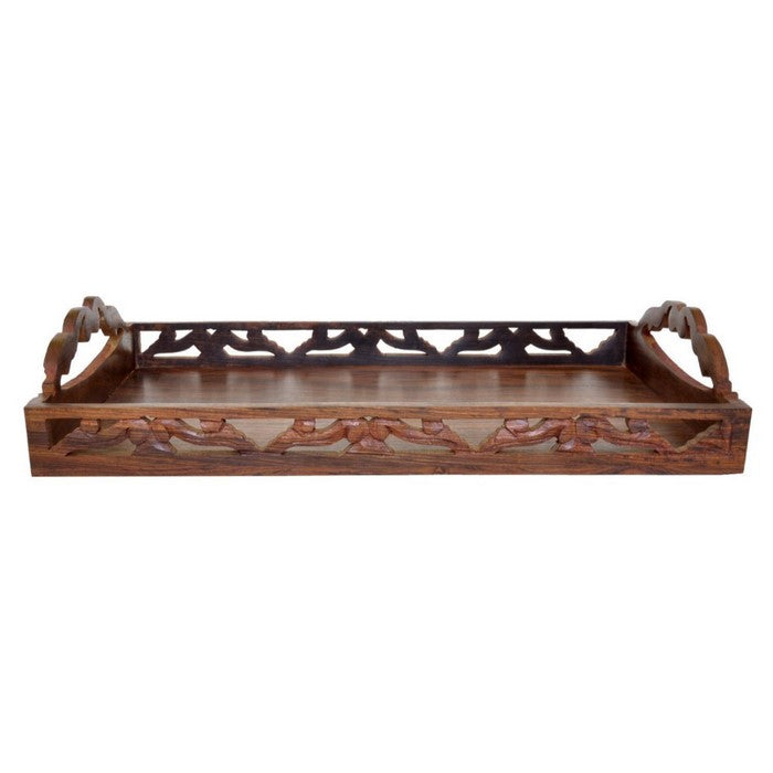 Benzara Handmade Mango wood Ottoman Tray/Serving Tray With Cutwork Handles, Brown