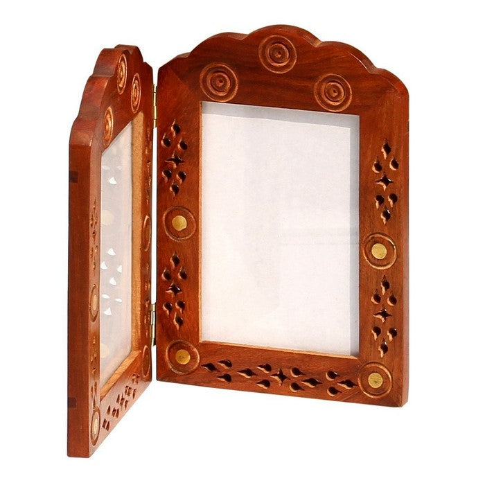 Hand carved Mango wood Hinged Double Photo Frame for 4 x 6 inches Pictures, Brown