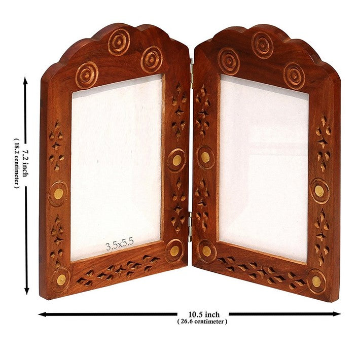 Hand carved Mango wood Hinged Double Photo Frame for 4 x 6 inches Pictures, Brown