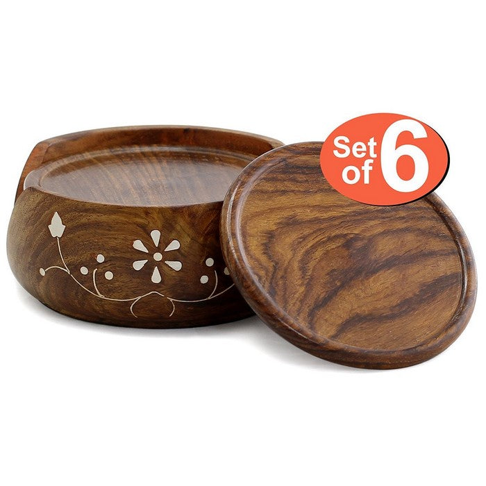 Benzara Mango wood Handmade 6 Piece Round Coaster Set With Holder, Brown
