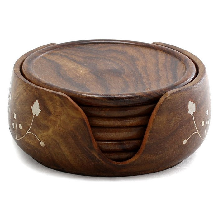 Benzara Mango wood Handmade 6 Piece Round Coaster Set With Holder, Brown