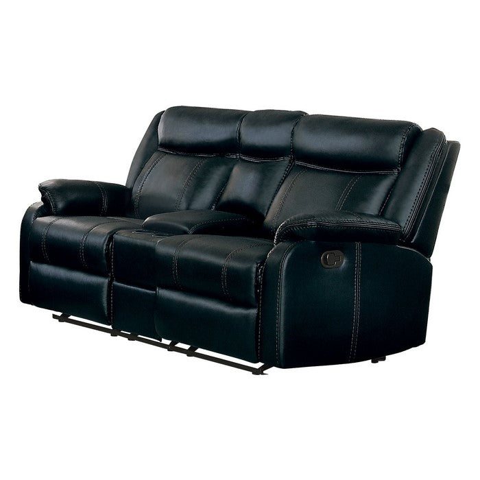 Leatherette Upholstered Dual Glider Recliner Love Seat With Console, Black Finish