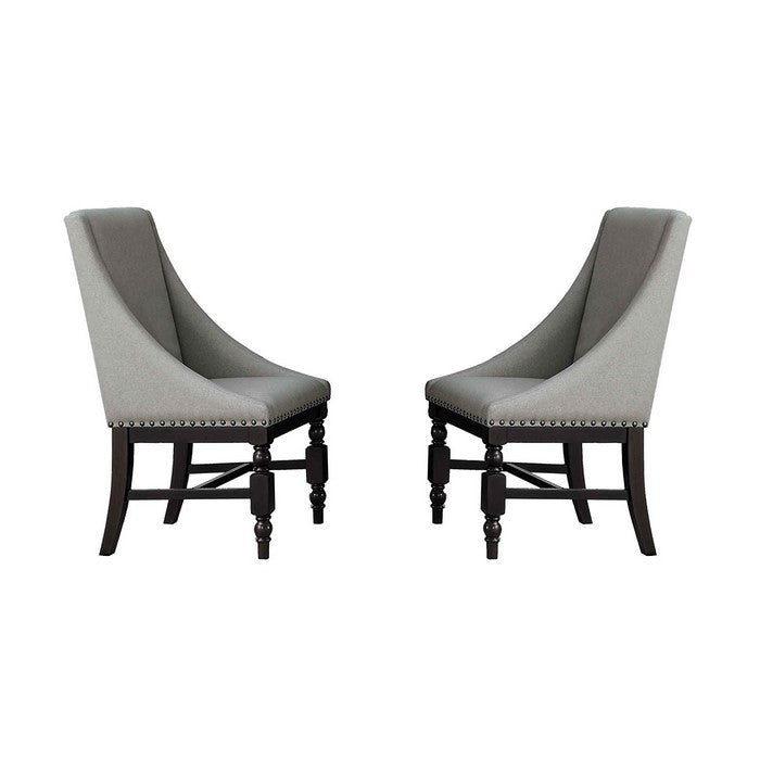 Wood & Fabric Dining Side Arm Chair with Nail head Trim, Neutral Grey (Set Of 2)
