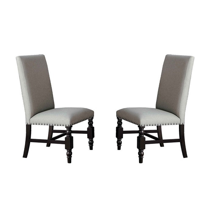 Wood & Fabric Dining Side Chair with Nail head Trim, Neutral Grey (Set Of 2)