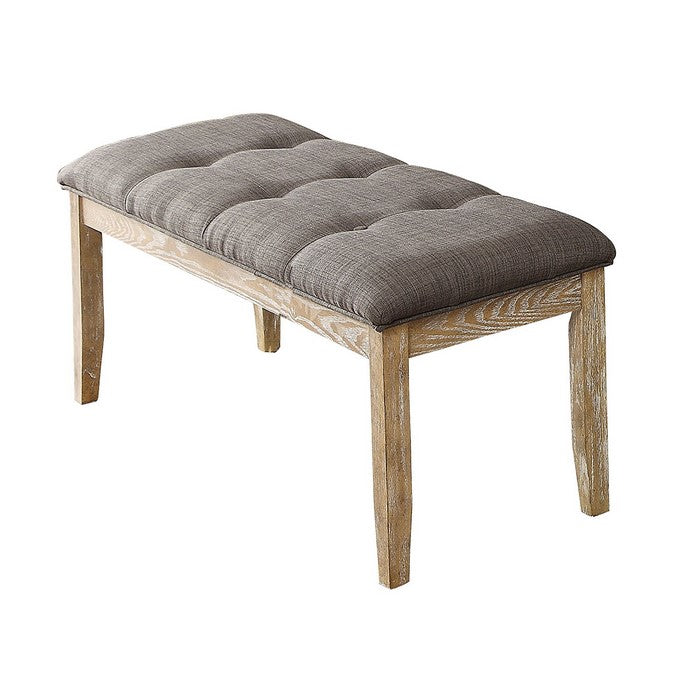 Wood & Fabric Dining Side Bench with Button Tuft, Weathered Wood & Dark Grey