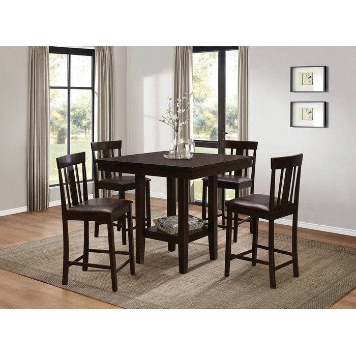 Wood & Leather Counter Height Chair With Slat Back Design, Espresso Brown, Set Of 2