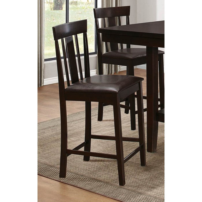 Wood & Leather Counter Height Chair With Slat Back Design, Espresso Brown, Set Of 2