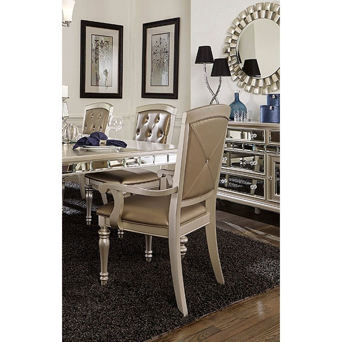 Wooden & Leather Dining Side Arm Chair With Crystal Tufting, Silver, Set Of 2