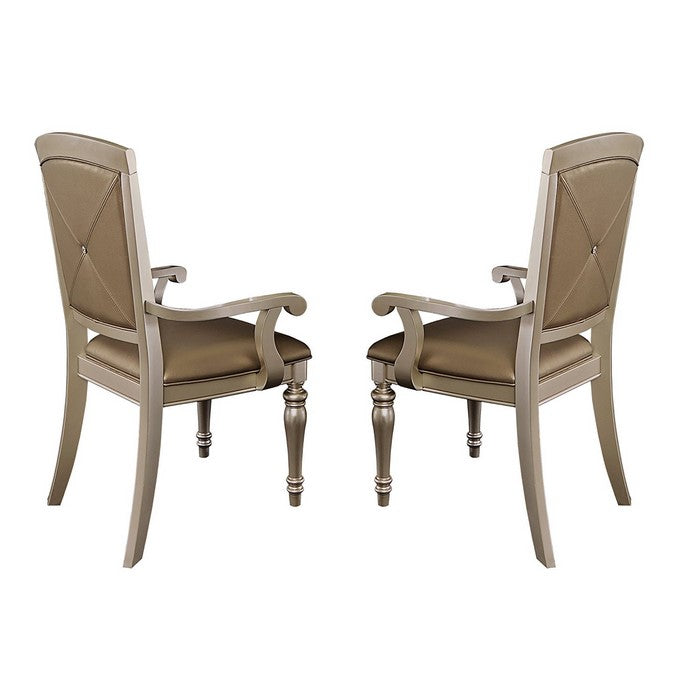 Wooden & Leather Dining Side Arm Chair With Crystal Tufting, Silver, Set Of 2
