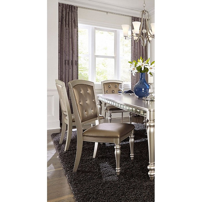 Wood & Leather Dining Side Chair With Crystal Tufting, Silver, Set Of 2