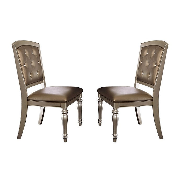 Wood & Leather Dining Side Chair With Crystal Tufting, Silver, Set Of 2