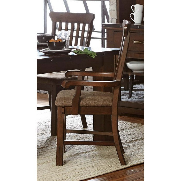 Wood And Fabric Dining Side Arm Chair With Curved Slat Back, Set Of 2