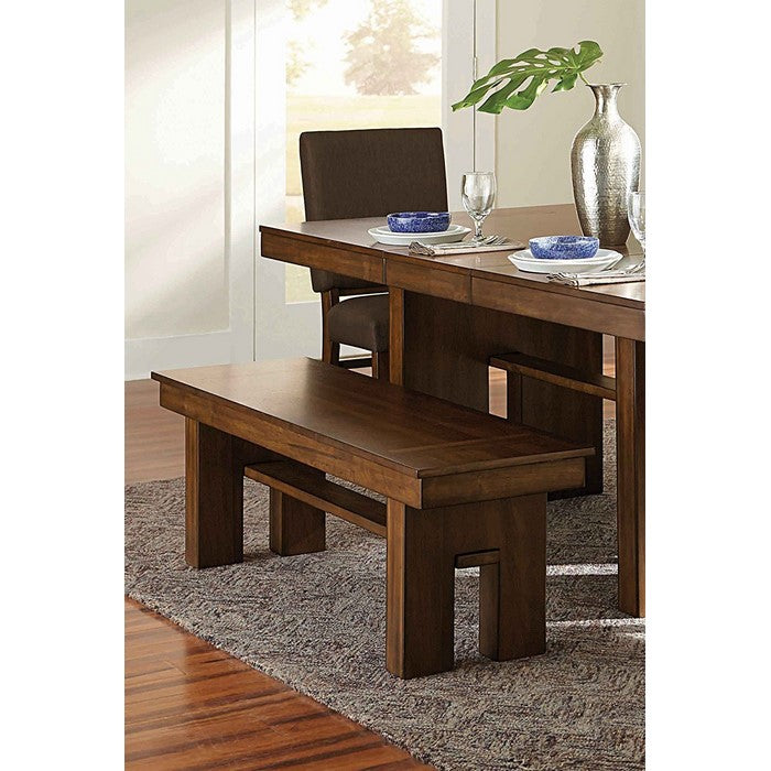 Wooden Dining Side Bench With Unique Cut-Away Trestle Base, Walnut Brown