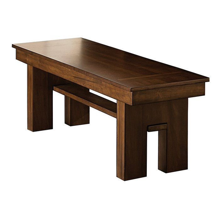 Wooden Dining Side Bench With Unique Cut-Away Trestle Base, Walnut Brown