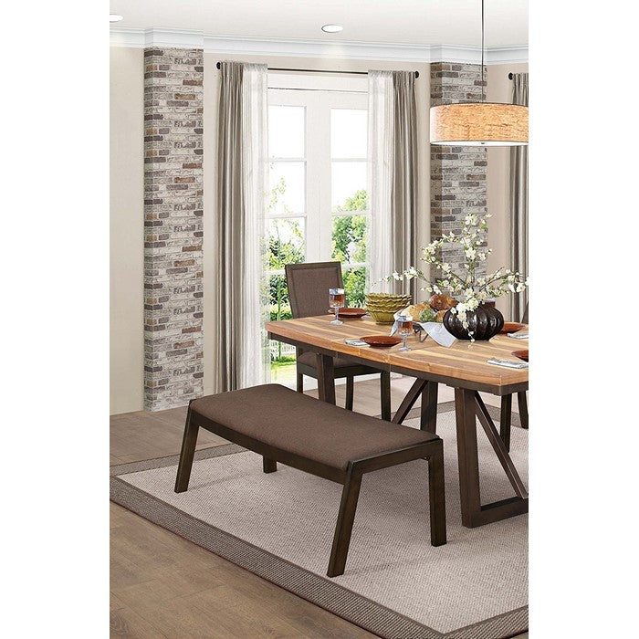 Wood & Fabric Side Bench With Splayed Back Legs, Walnut & Chocolate Brown