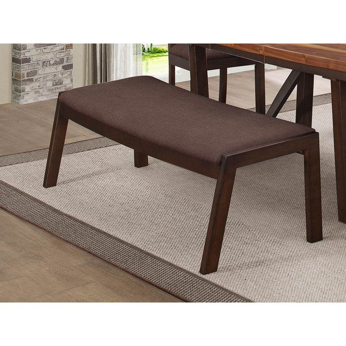 Wood & Fabric Side Bench With Splayed Back Legs, Walnut & Chocolate Brown