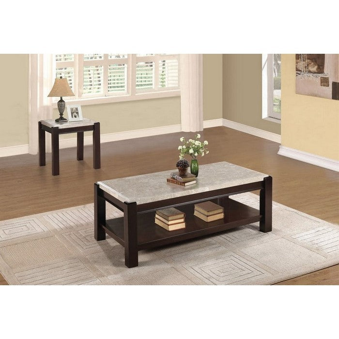 Wooden End Table With Marble Top, Dark Cherry Brown And White