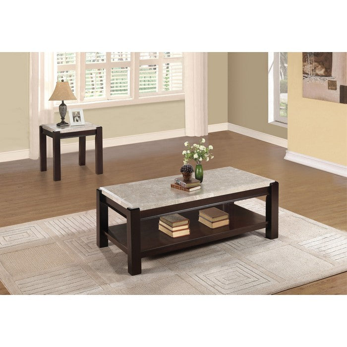 Wooden Coffee Table With Marble Top , Dark Cherry Brown