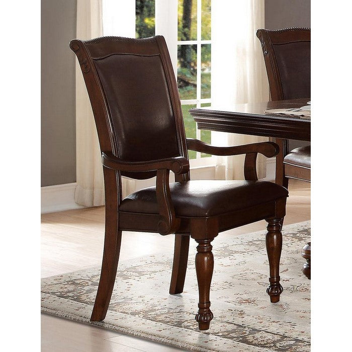 Wooden & Leather Dining Side Arm Chair, Brown, Set Of 2