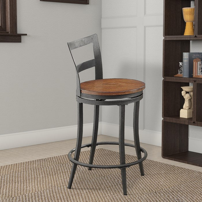 Wooden & Metal Counter Height Swivel Chair, Gray & Brown, Set Of 2