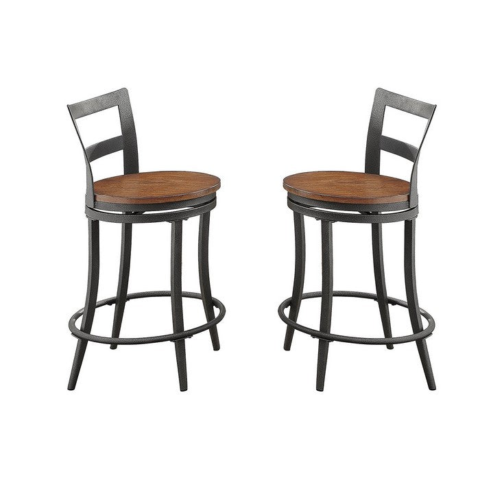 Wooden & Metal Counter Height Swivel Chair, Gray & Brown, Set Of 2