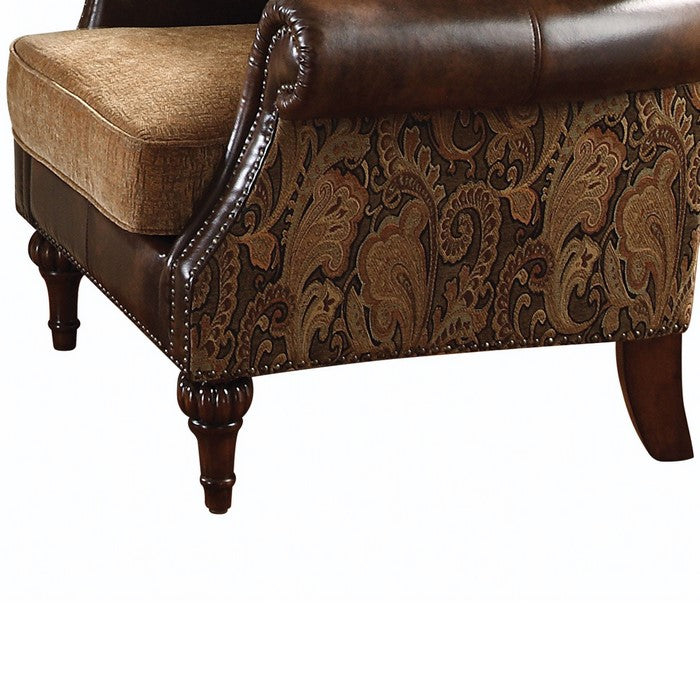 Leather & Fabric Upholstered Armchair With One Pillow, Brown