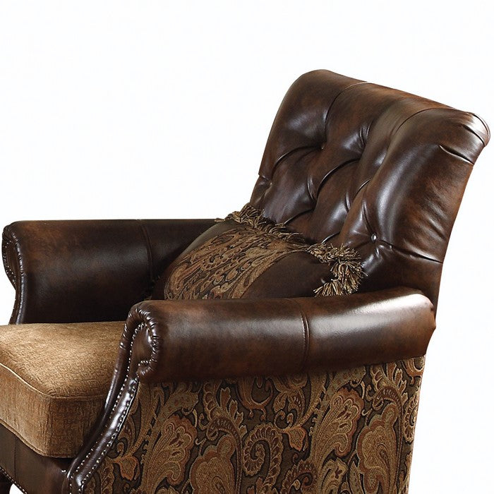 Leather & Fabric Upholstered Armchair With One Pillow, Brown