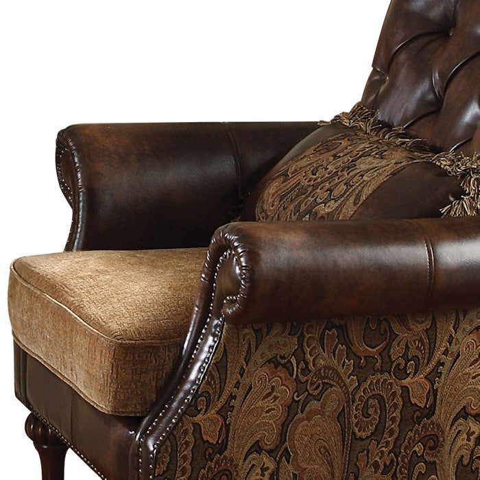 Leather & Fabric Upholstered Armchair With One Pillow, Brown