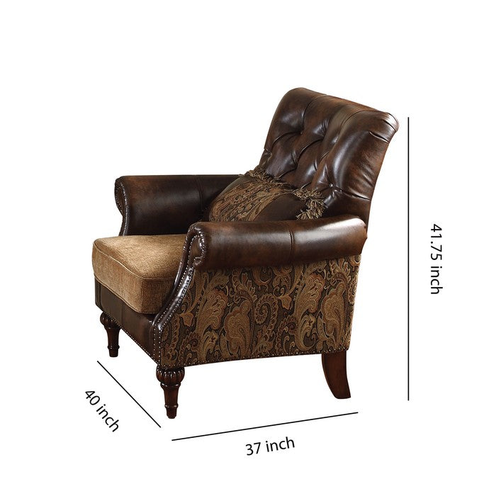 Leather & Fabric Upholstered Armchair With One Pillow, Brown