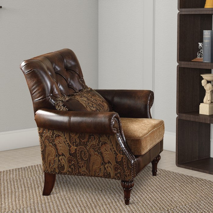 Leather & Fabric Upholstered Armchair With One Pillow, Brown