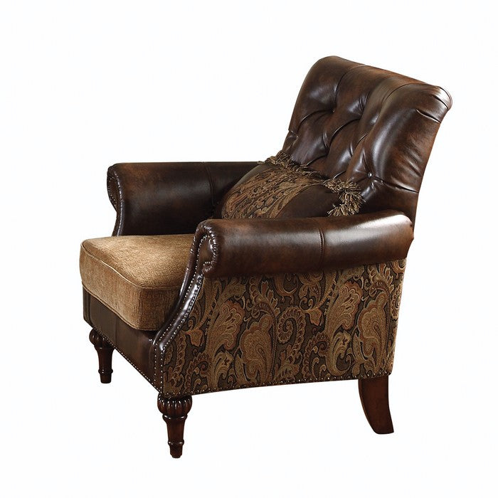 Leather & Fabric Upholstered Armchair With One Pillow, Brown
