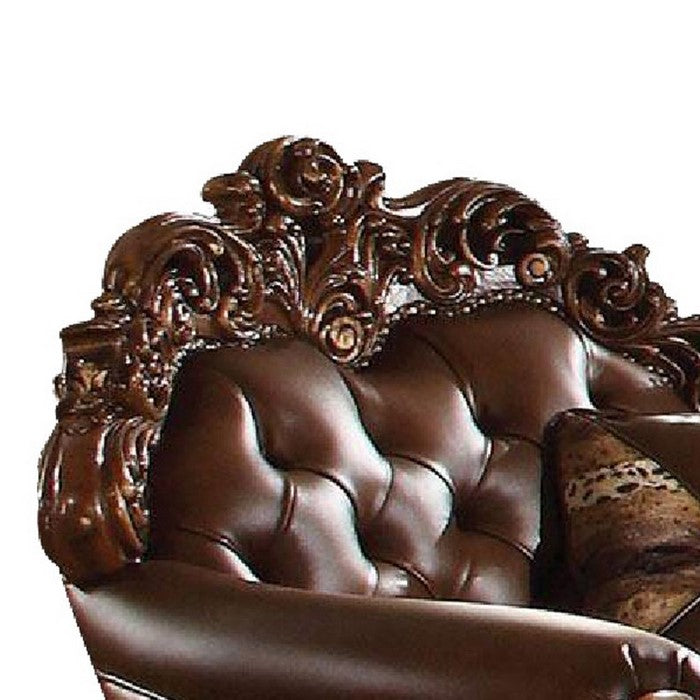 Imperial Looking Leather Tufted Chair with 1 Pillow in Cherry Brown