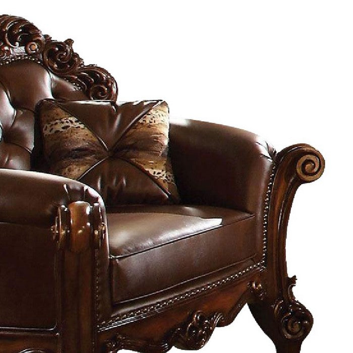 Imperial Looking Leather Tufted Chair with 1 Pillow in Cherry Brown