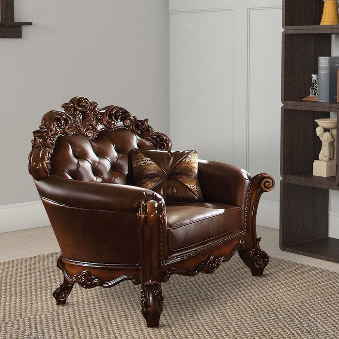 Imperial Looking Leather Tufted Chair with 1 Pillow in Cherry Brown