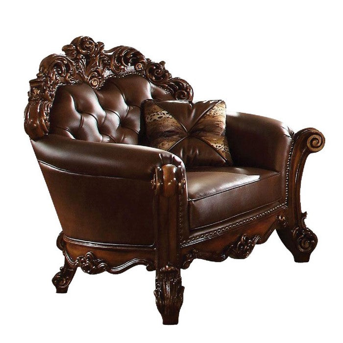 Imperial Looking Leather Tufted Chair with 1 Pillow in Cherry Brown