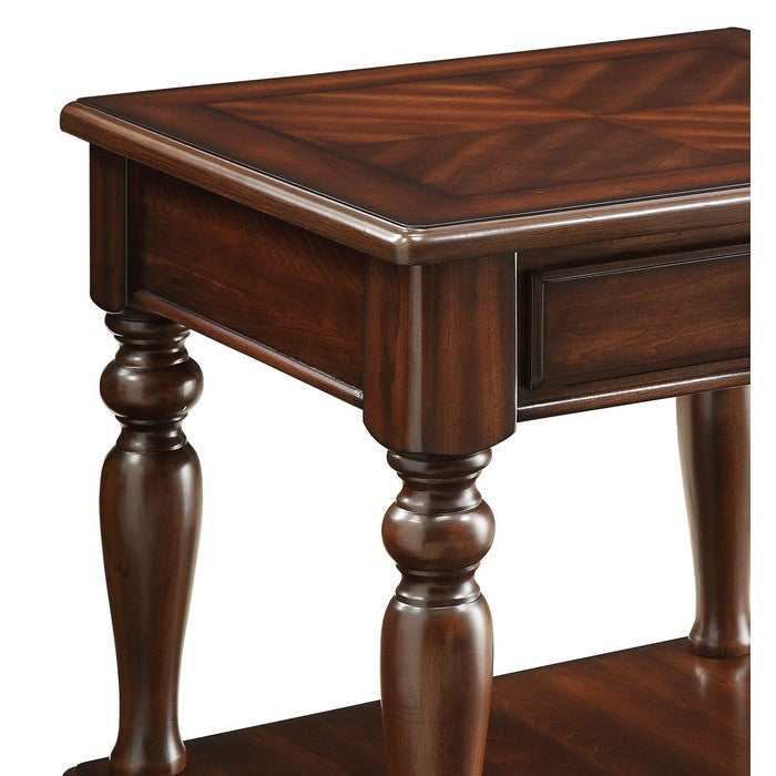 Wooden End Table with 1 Drawer and 1 Bottom Shelf, Walnut Brown