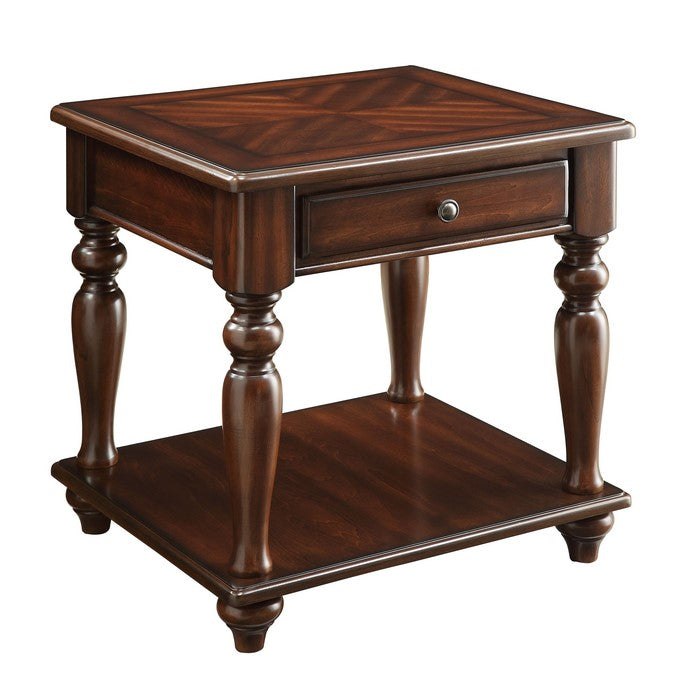 Wooden End Table with 1 Drawer and 1 Bottom Shelf, Walnut Brown