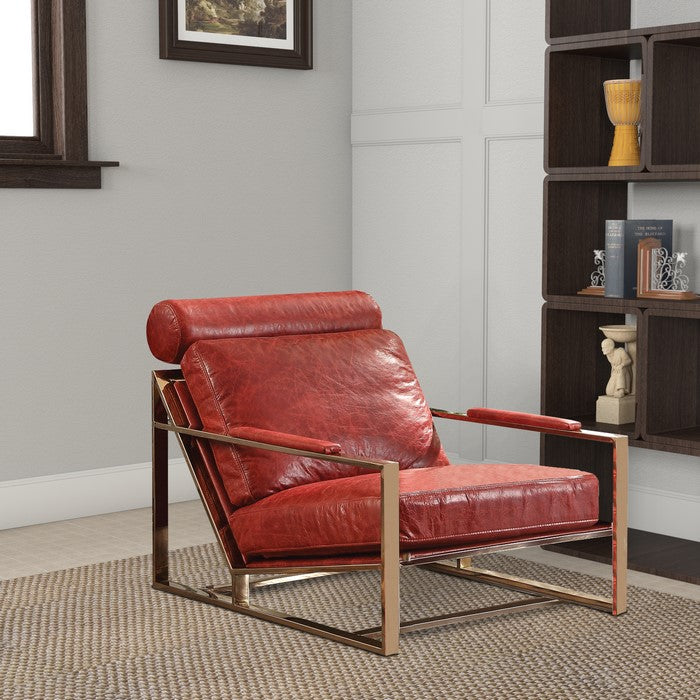 Metal Frame Leather Upholstered Accent Chair in Red