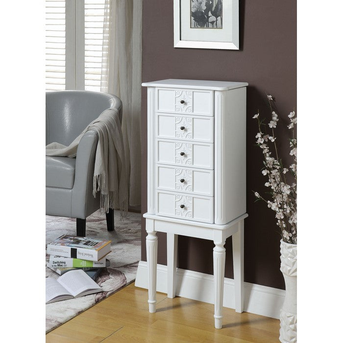 Wood Jewelry Armoire With 5 Drawers in White