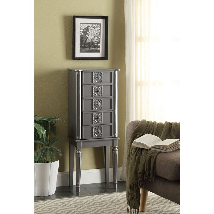 Wood Jewelry Armoire With 5 Drawers in Silver